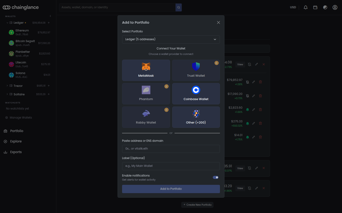 The Add to Portfolio dialog in Chain Glance, offering MetaMask, Trust Wallet, Phantom, Coinbase Wallet and Rabby Wallet as connection options, with a field below to paste an address or ENS domain and an optional label.