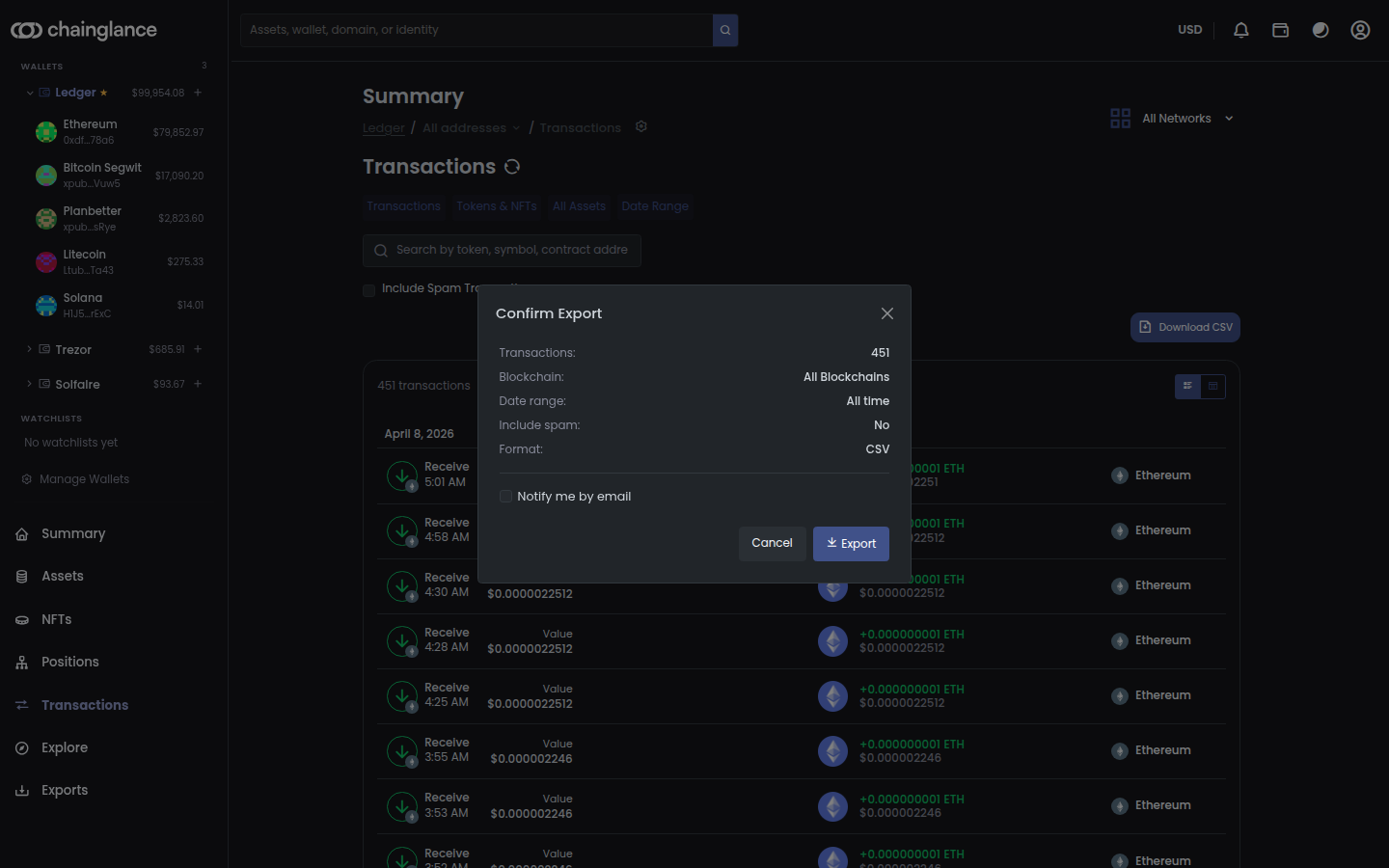 The Confirm Export dialog in Chain Glance showing 451 transactions across all blockchains for all time, spam excluded, in CSV format, with an option to be notified by email when the export is ready.