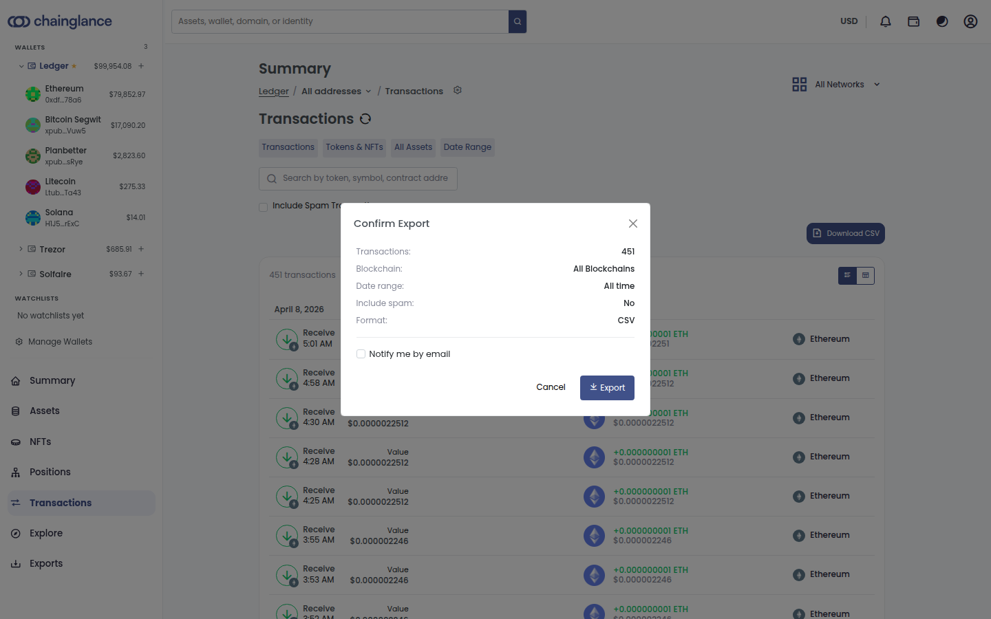The Confirm Export dialog in Chain Glance showing 451 transactions across all blockchains for all time, spam excluded, in CSV format, with an option to be notified by email when the export is ready.