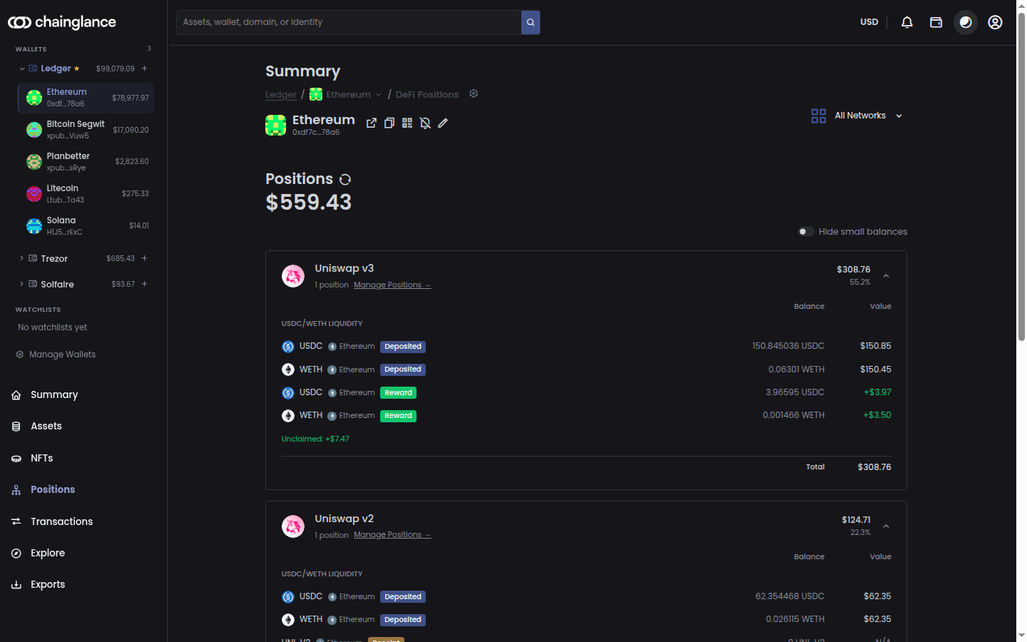 The Positions screen in Chain Glance showing $559.43 across Uniswap v3 and Uniswap v2, with each USDC/WETH liquidity position broken into deposited amounts and unclaimed rewards.