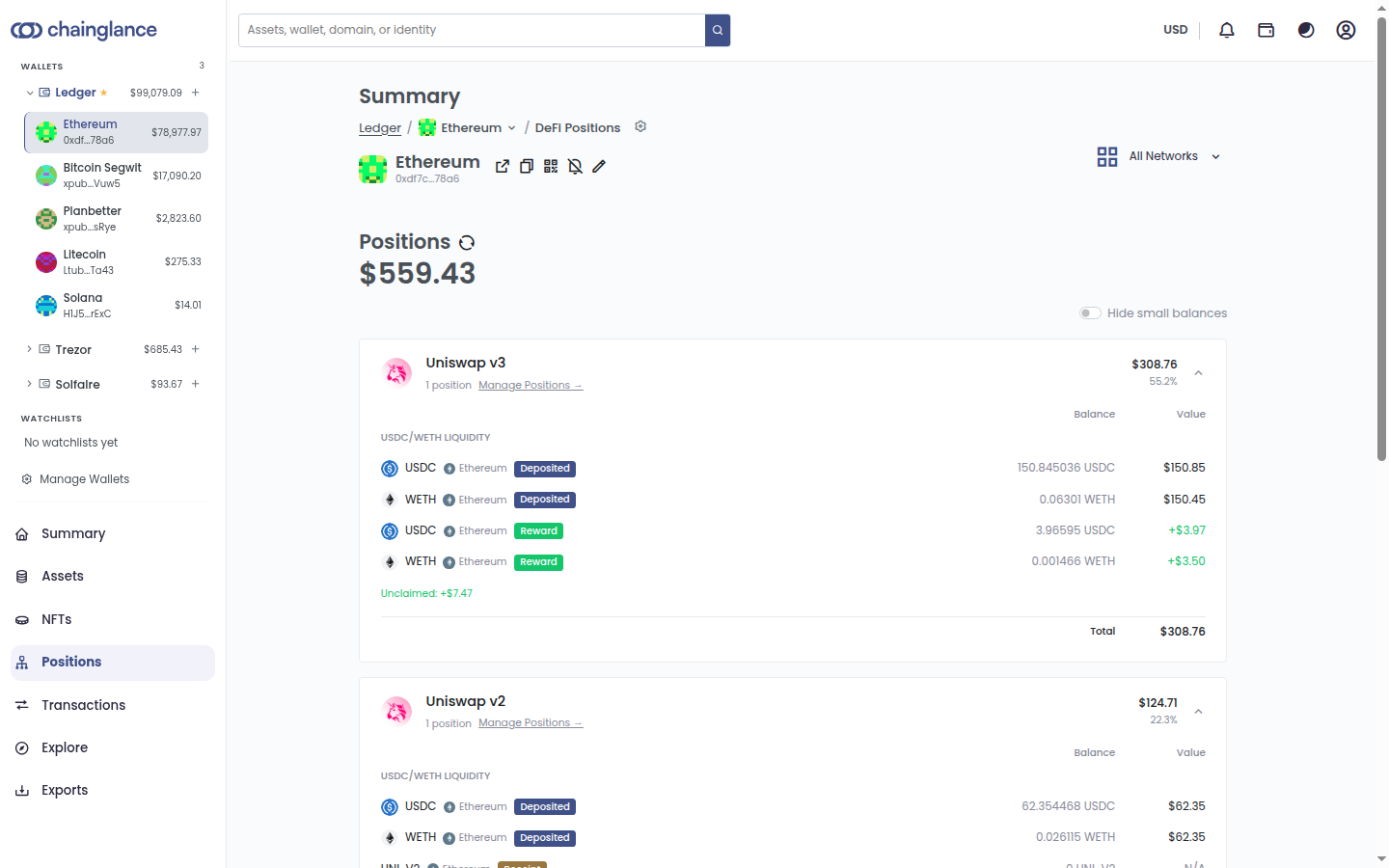 The Positions screen in Chain Glance showing $559.43 across Uniswap v3 and Uniswap v2, with each USDC/WETH liquidity position broken into deposited amounts and unclaimed rewards.