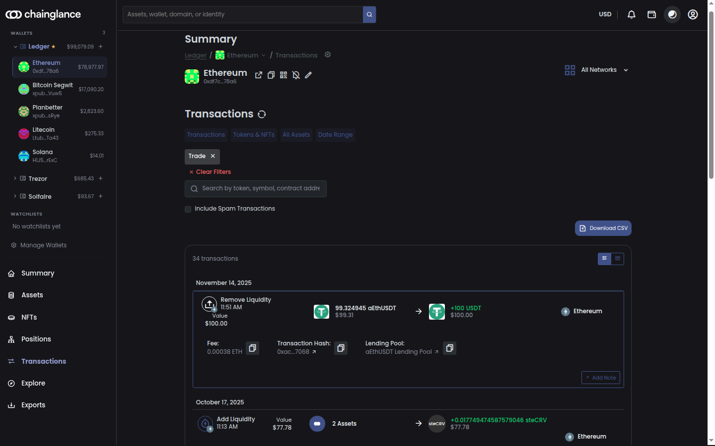 The Transactions screen in Chain Glance filtered to trades, with an expanded Remove Liquidity entry showing its fee, transaction hash, lending pool and an option to add a note.