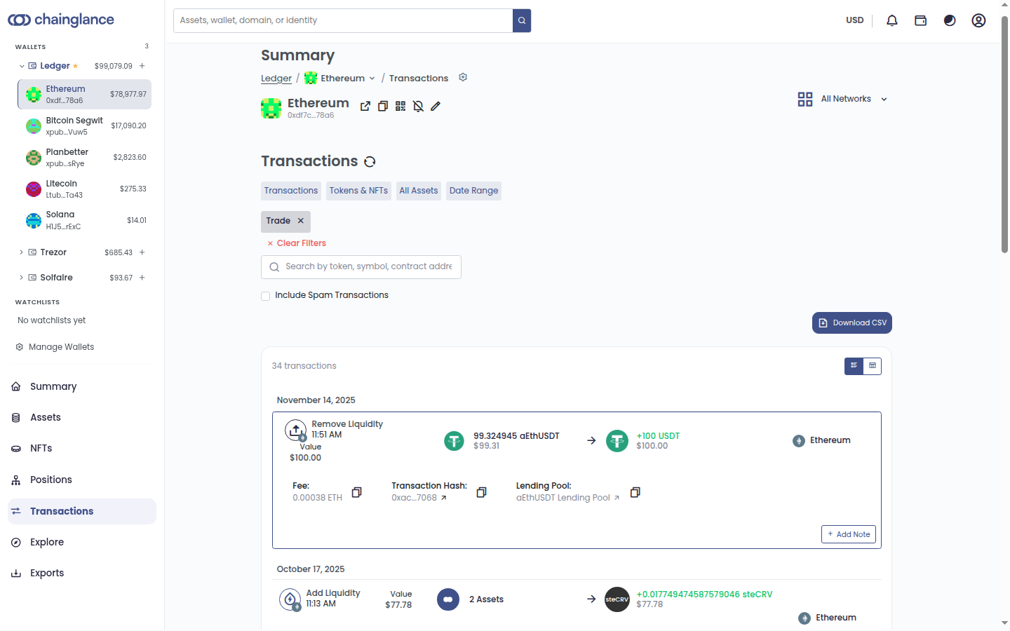The Transactions screen in Chain Glance filtered to trades, with an expanded Remove Liquidity entry showing its fee, transaction hash, lending pool and an option to add a note.